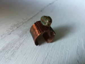 Green czech picasso beads copper ring