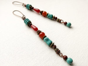 Red turquoise boho chic earrings